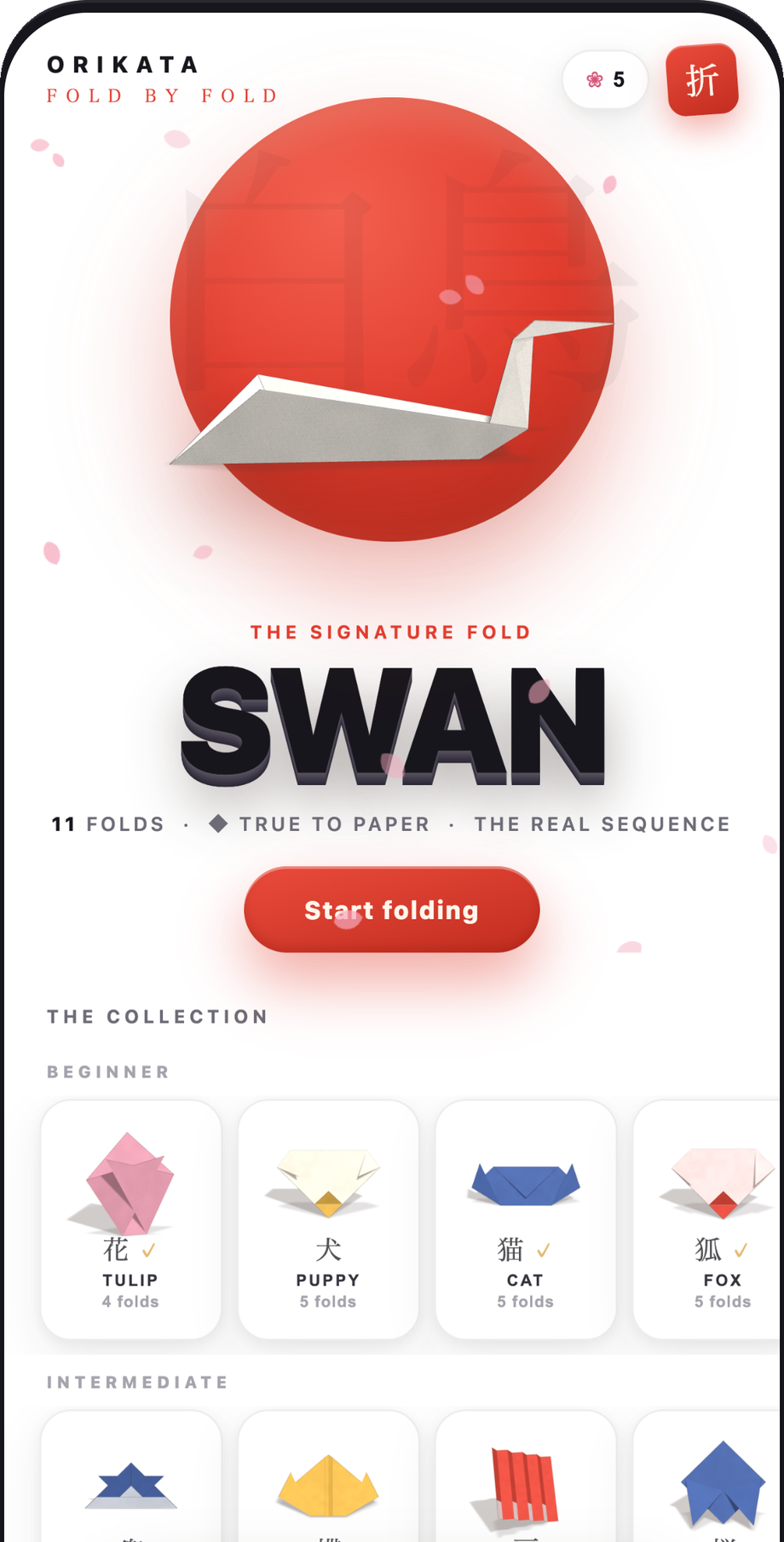 Orikata app home screen — a paper swan on a red sun above the collection of origami models